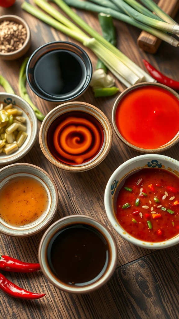 An array of anime-inspired sauces in bowls, including teriyaki, miso, and gochujang, on a rustic table with fresh ingredients.